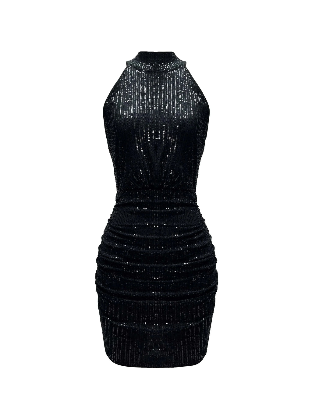 Robe courte noire sans manches avec paillettes, col américain et coupe élégante, idéale pour des soirées.