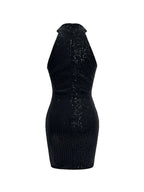 Robe courte noire pailletée sans manches, col américain, en tissu brillant, idéale pour les soirées.