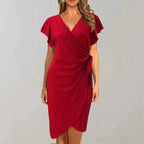 Robe courte portefeuille à manches courtes, col V et nœud, en tissu léger, parfaite pour les soirées, disponible en plusieurs…