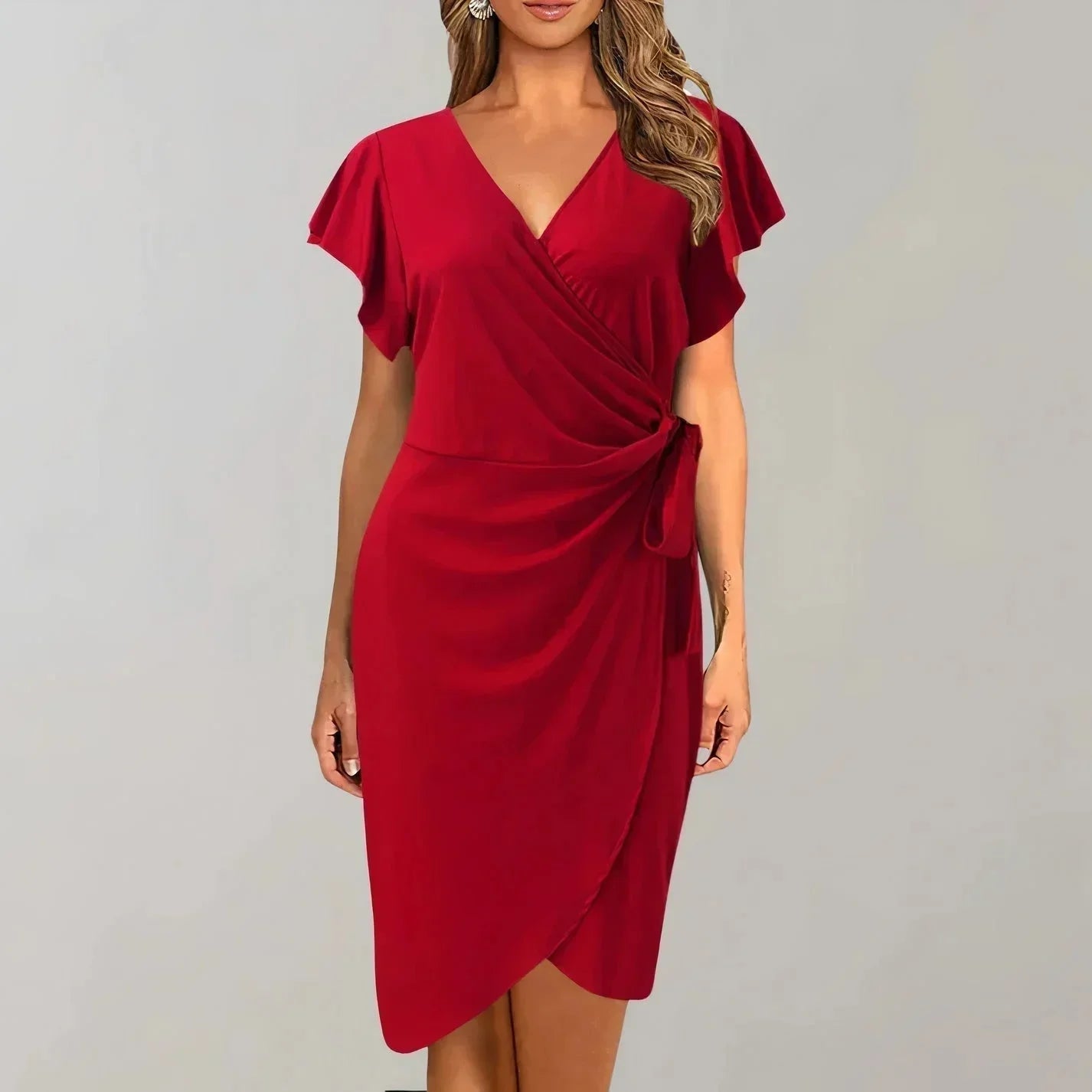 Robe courte portefeuille à manches courtes, col V et nœud, en tissu léger, parfaite pour les soirées, disponible en plusieurs…