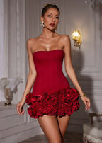 Robe courte rouge bustier avec détail rosette, en polyester, idéale pour des soirées élégantes. Design chic et ajusté.