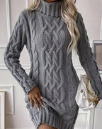 Robe pull torsadée avec col roulé, manches longues, en tissu épais pour un confort chaleureux. Idéale pour l'hiver.