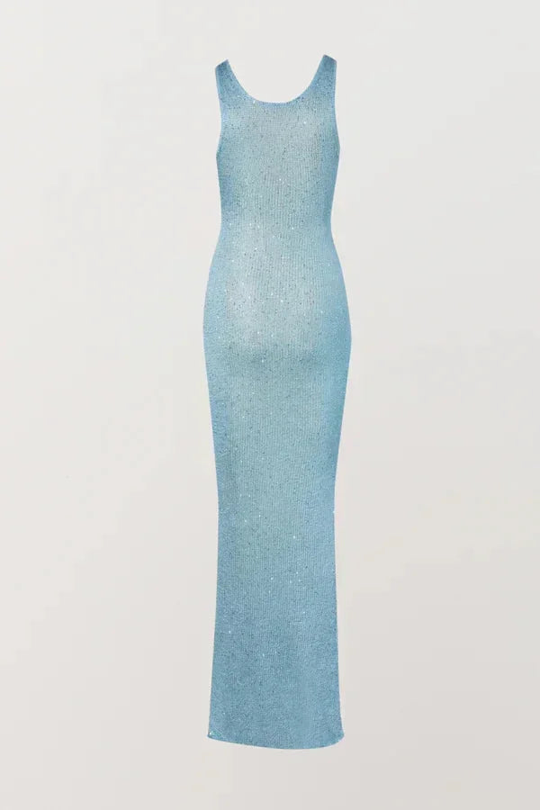 Robe scintillante sans manches ajustée en tissu stretch, disponible en plusieurs couleurs, idéale pour les soirées.