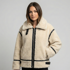 Veste teddy femme beige oversize accents noirs