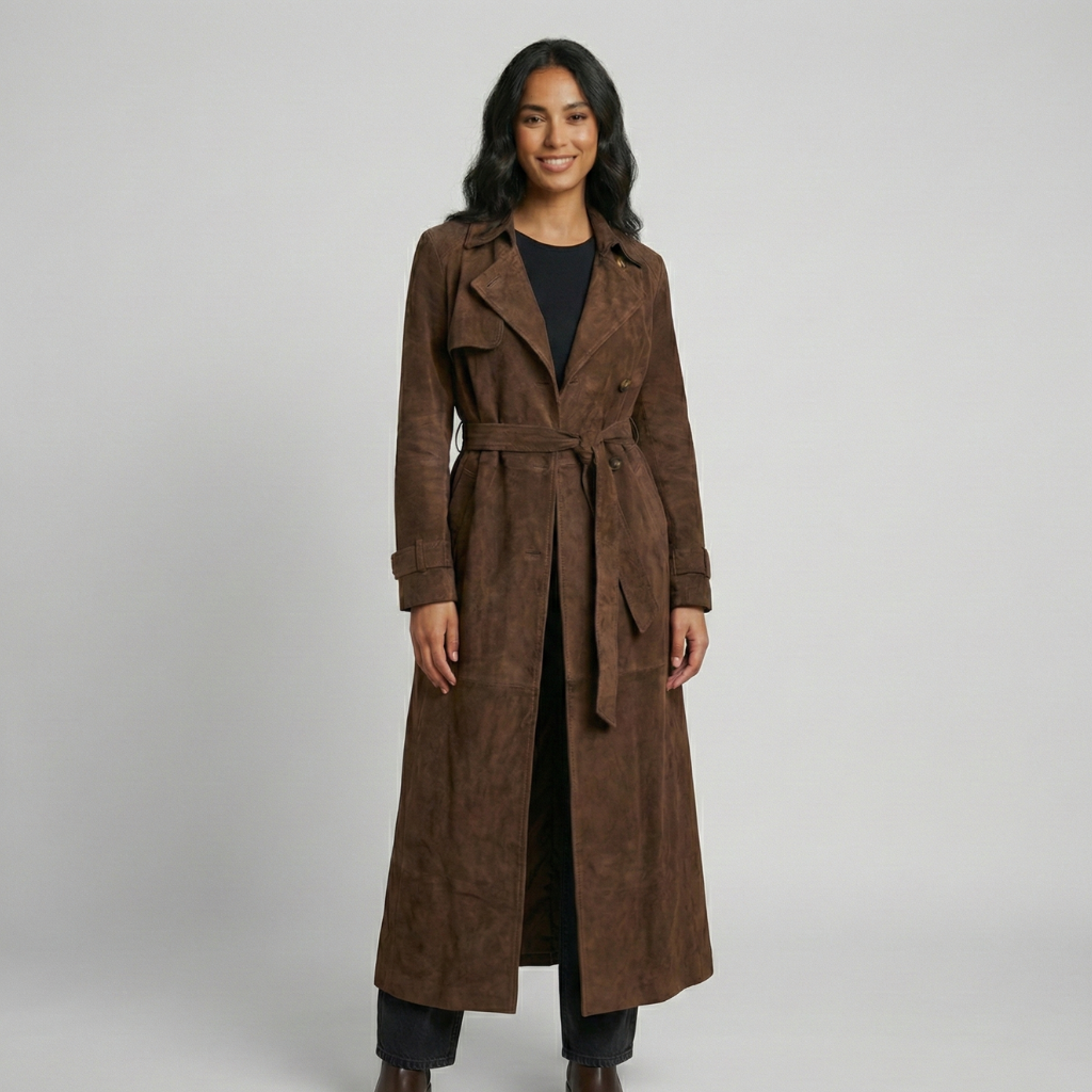 Manteau trench femme marron avec ceinture et revers