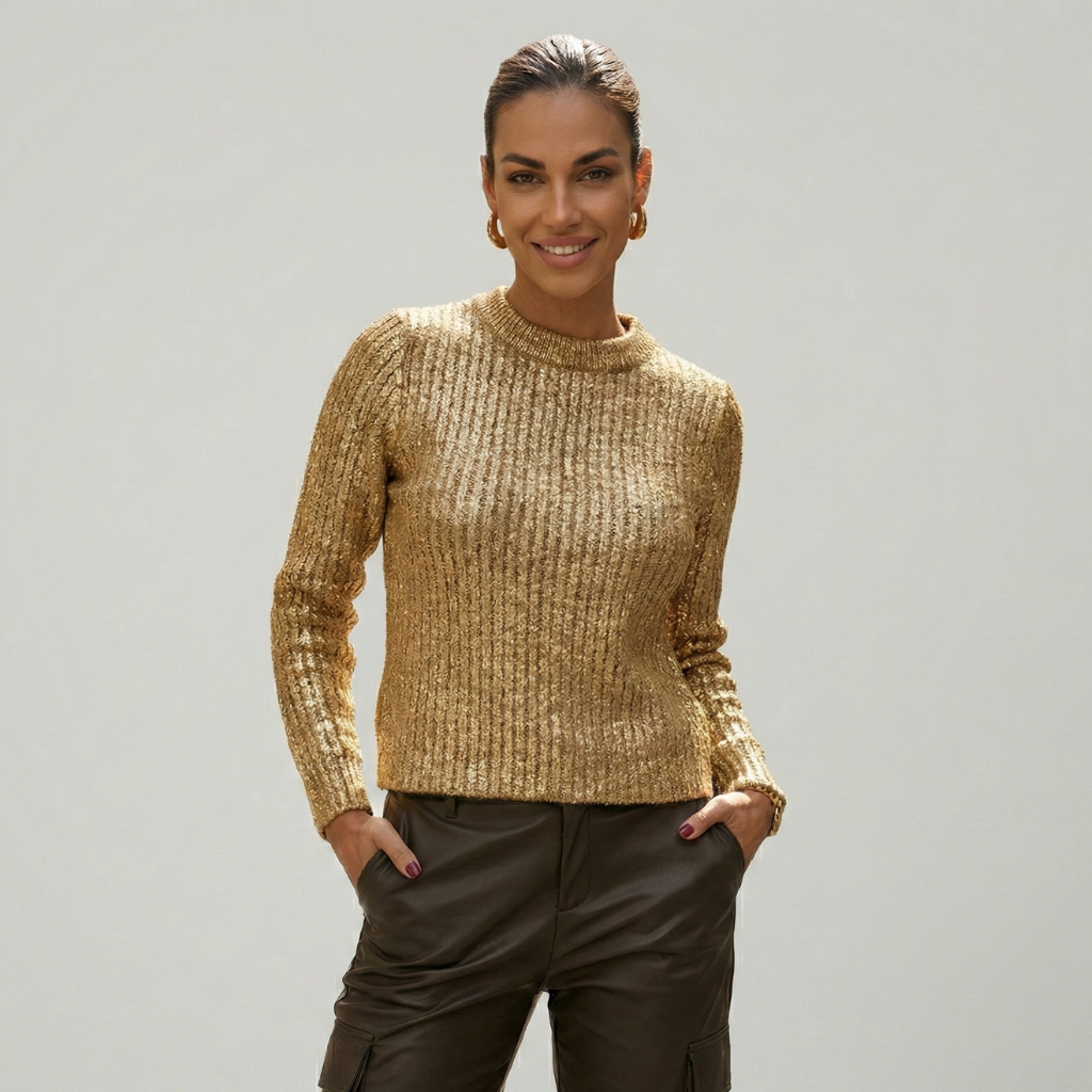 Women's shimmering gold long-sleeved sweater