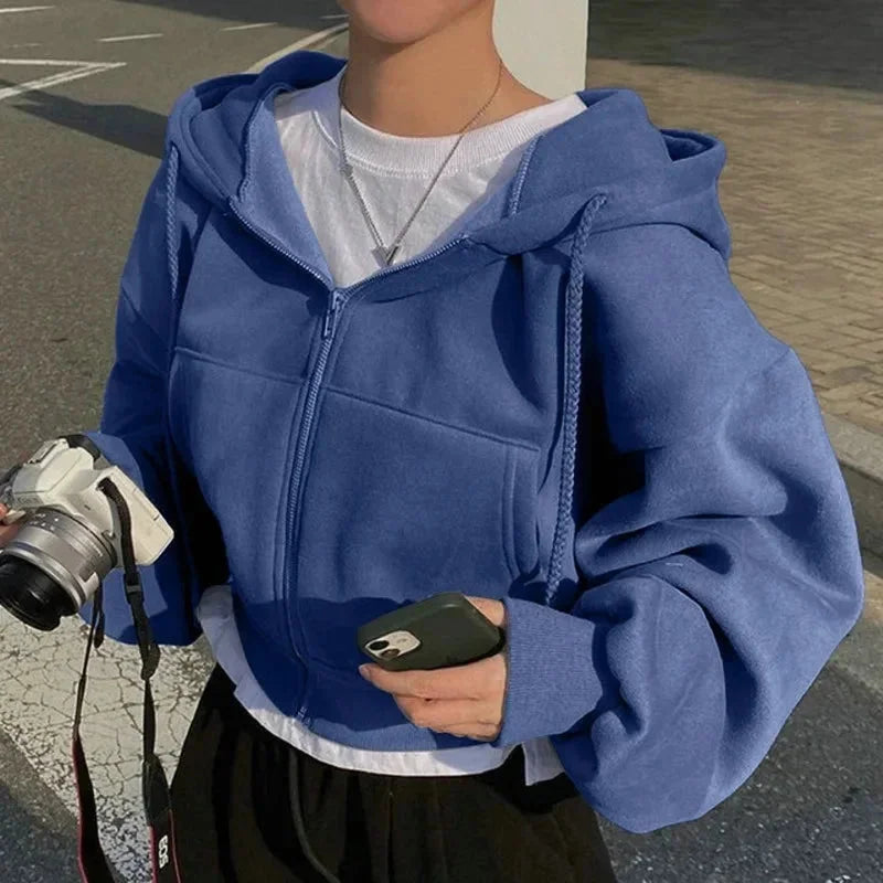 Sweat à capuche court femme oversize gris foncé avec zip, en mélange de coton pour un confort optimal.