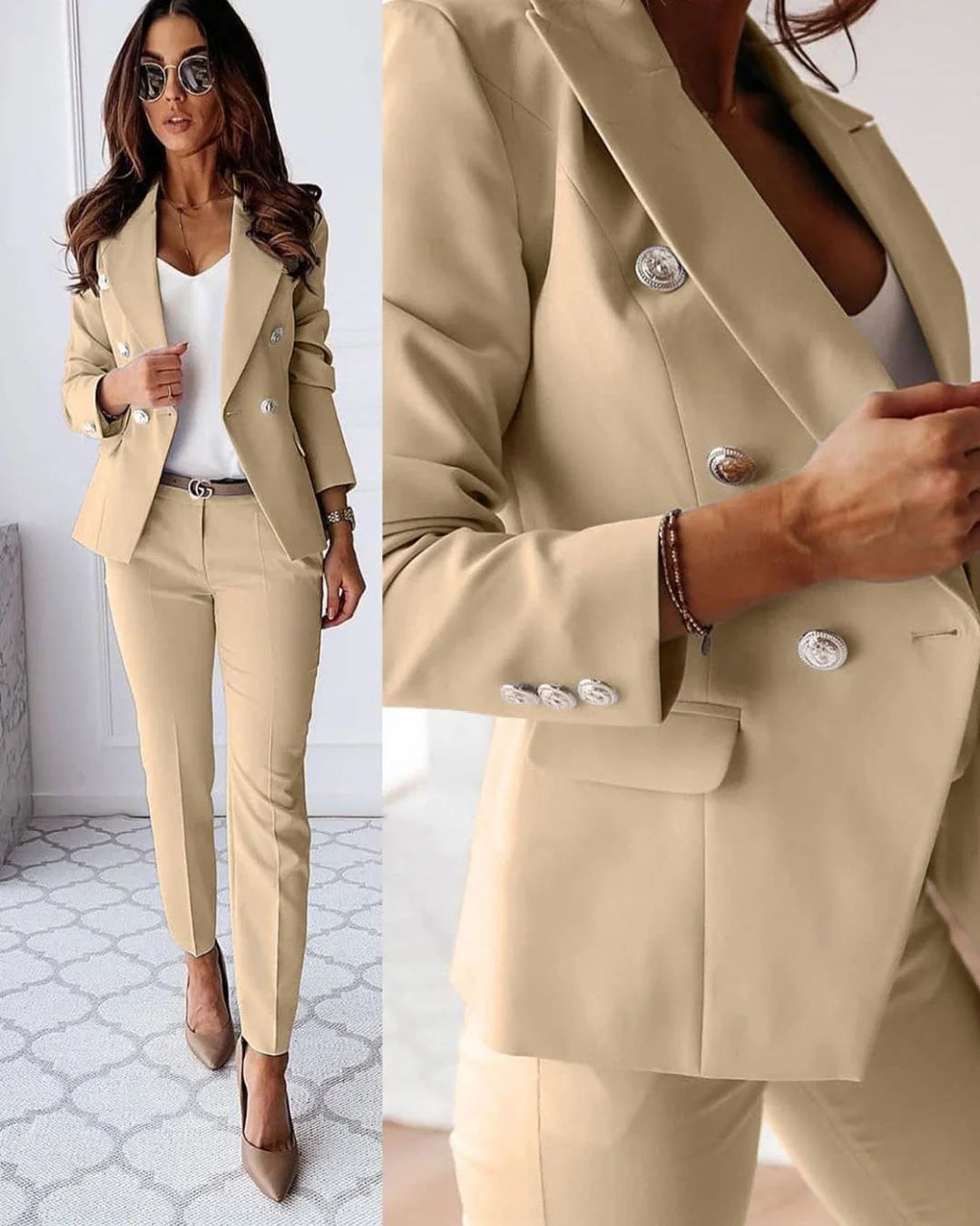 Veste tailleur femme à double boutonnage, coupe moderne, coloris noir, adaptée pour le bureau ou les occasions formelles.