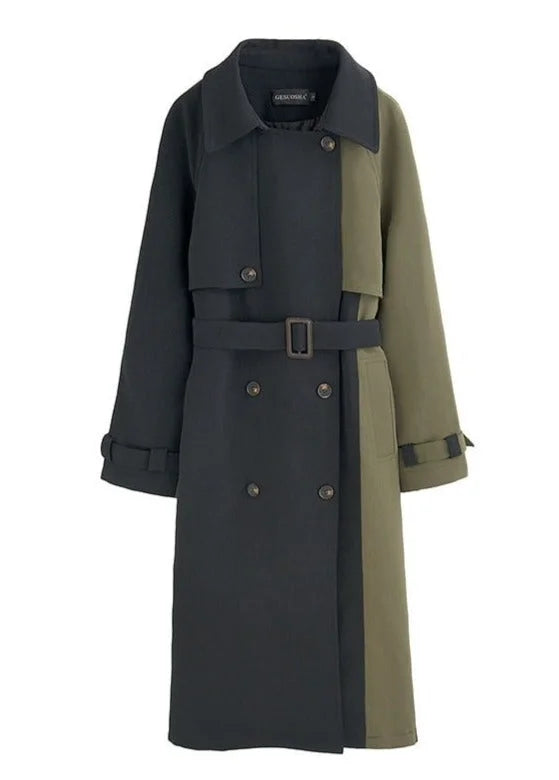 Trench-coat femme bicolore noir et vert, léger, avec ceinture ajustable et col à revers classique.