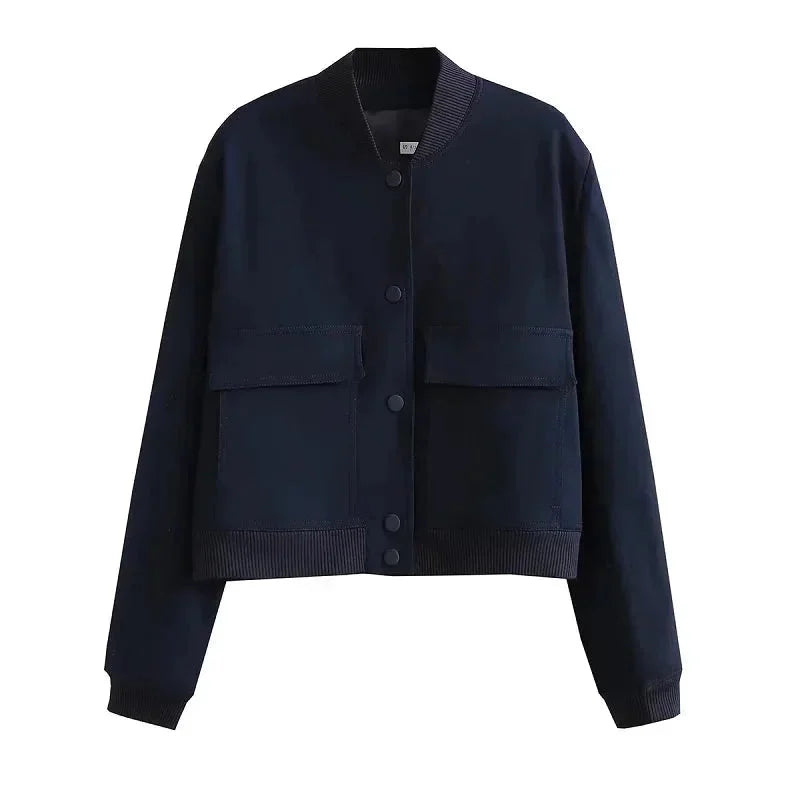 Veste bomber femme bleu marine en tissu léger, avec poches frontales et taille élastique.