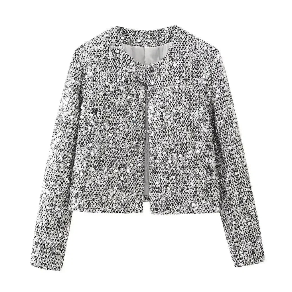 Veste bomber femme en tissu léger, coupe sportive, ornée de sequins argentés.