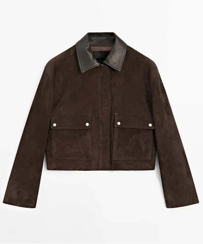 Veste femme marron avec col contrastant et poches avant.