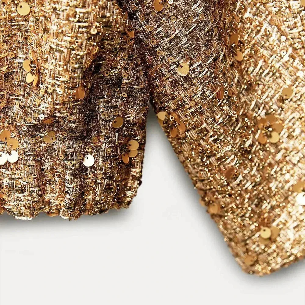 Veste femme à paillettes avec coupe ajustée, idéale pour les occasions spéciales et les tenues de soirée.