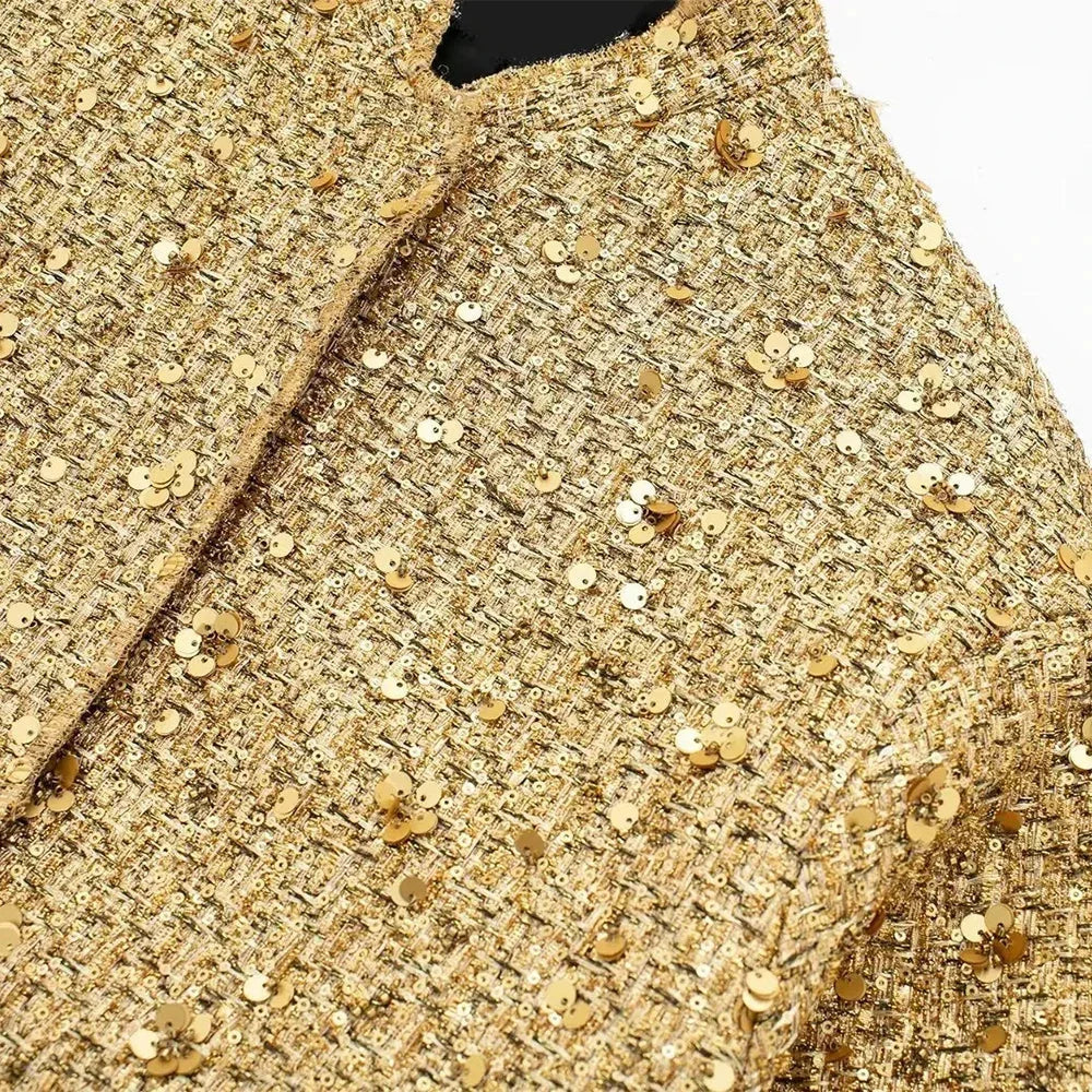 Veste femme à paillettes, coupe ajustée, convient pour des occasions festives.