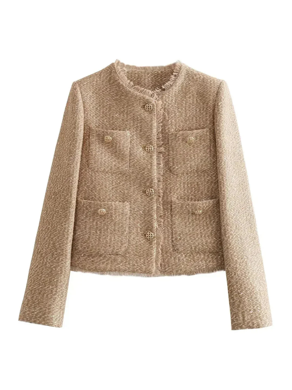 Veste femme en tweed beige, boutons élégants, coupe classique, adaptée pour diverses occasions.